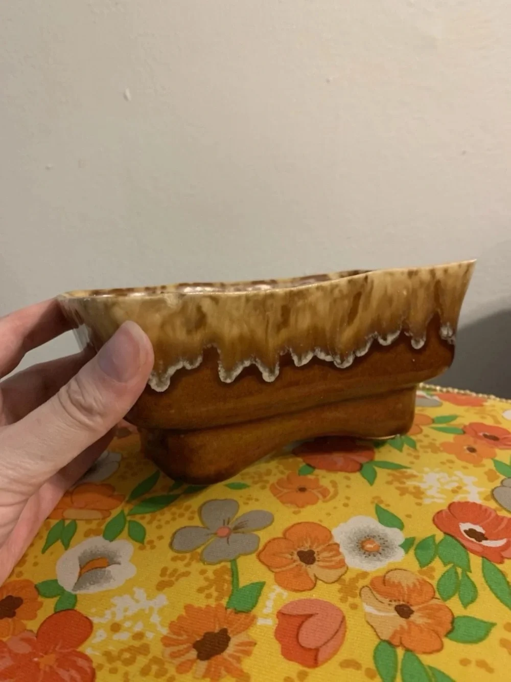Mid-Century Drip Glaze McCoy Ceramic Rectangle Planter Brown Beige Drain